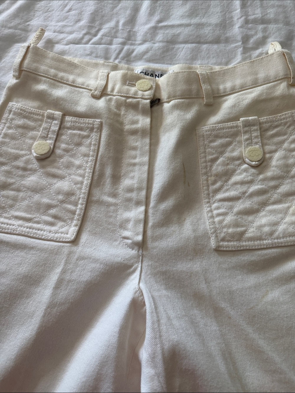 CHANEL Wide Leg Cream Denim with Front Patch Pockets - Picture 2 of 8